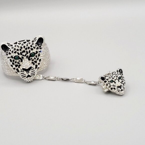 Large Leopard Head Rhinestone Bracelet Stretch Ring Set Hinged Green Crystal Eye - Picture 7 of 12